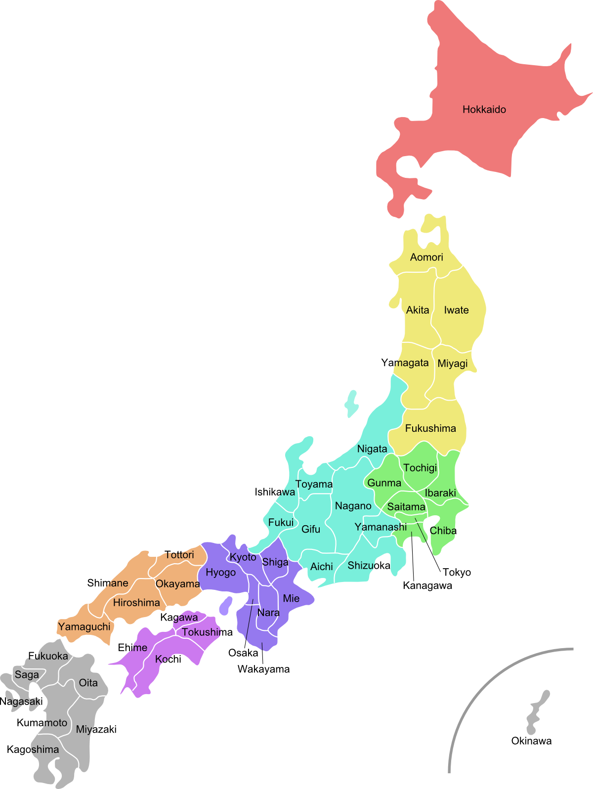 Map of Japan with the names of the prefectures in English. (Public domain via Wikimedia thanks to Tokyoship)
